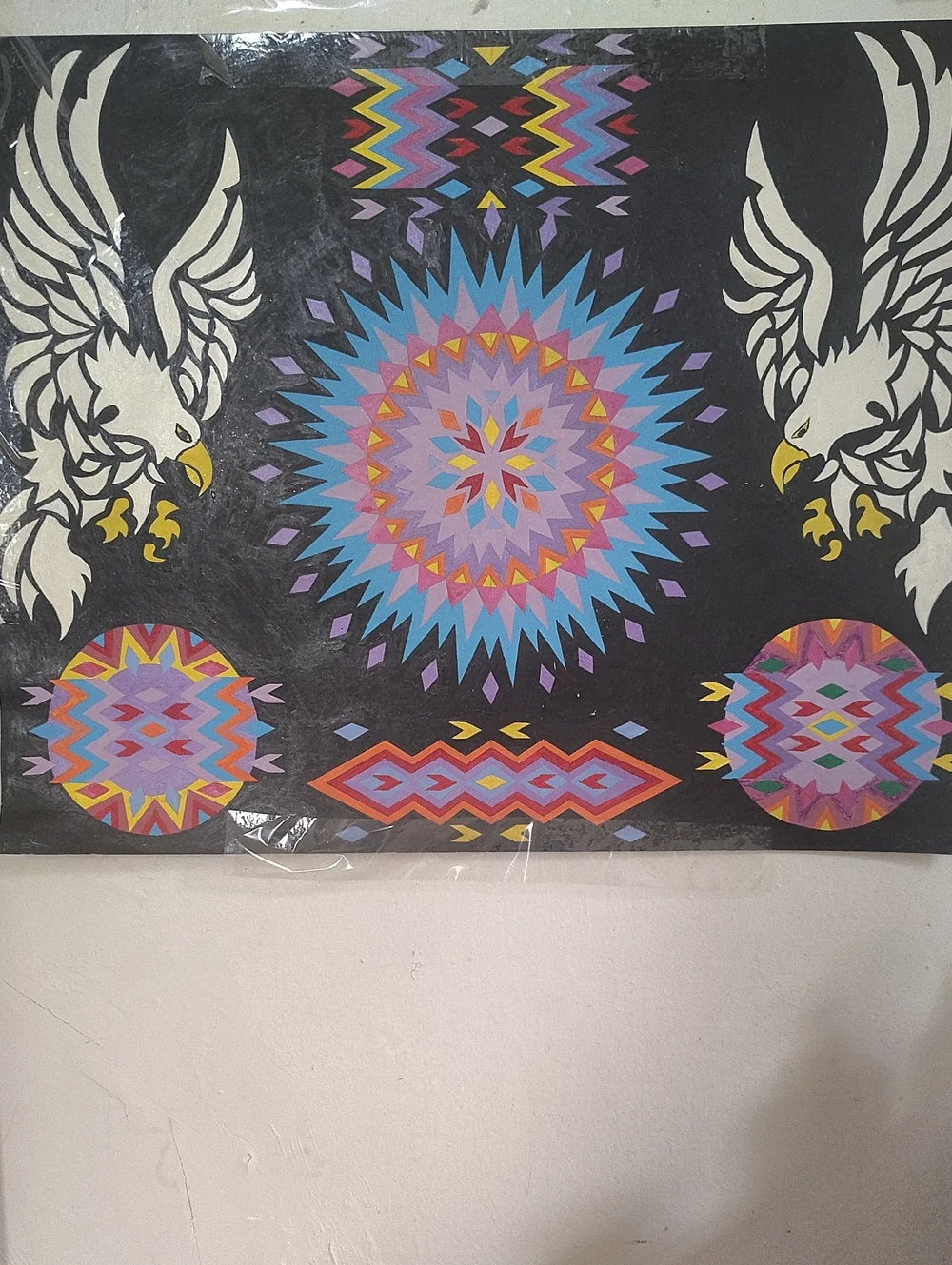 Black Geometric Eagle Tapestry with Multicolor Accents